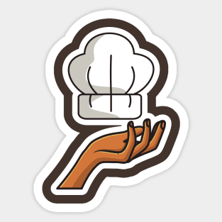 Chef Cooking Hat on Chef Hand Sticker design vector illustration. Kitchen cooking object icon concept. Creative hand and chef cap sticker design logo. Chef logo icon concept. Sticker